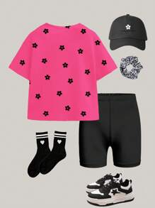 SHEIN Leap Crew 年轻女孩休闲简约短袖和短裤两件套，夏季 - 彩色 - 查看 2