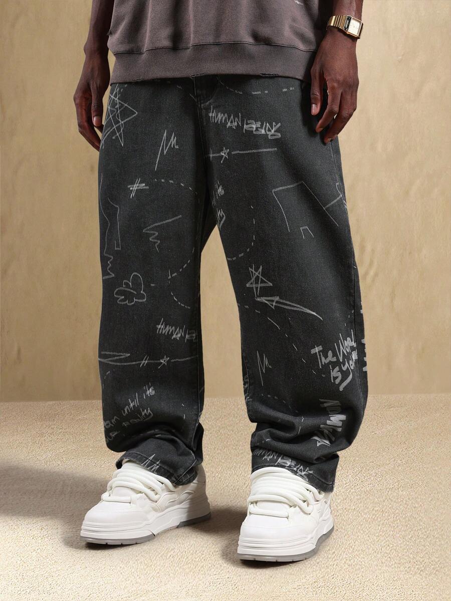 SUMWON 涂鸦印花宽松牛仔裤涂鸦艺术图案长裤都市街头宽松牛仔裤 - 黑色 - 查看 1