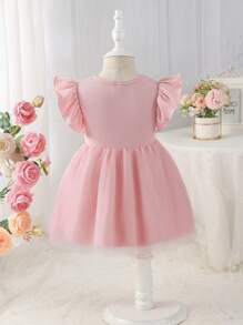 Glamorique Kids Girls' Wedding Flower Girl Elegant 3D Floral Gauze Cap Sleeve Dress, Suitable For Parties, Festivals, Summer Baby Girls Party Dresses Pink Dress For Girls Pink Flower Girl Dress Fall Winter - Pink - View 2