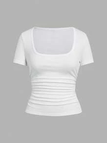 Slaydiva 3pcs/Set Women Casual Square Neck Ruched Fitted Short Sleeve T-Shirt Set, Suitable For Summer - Multicolor - View 9