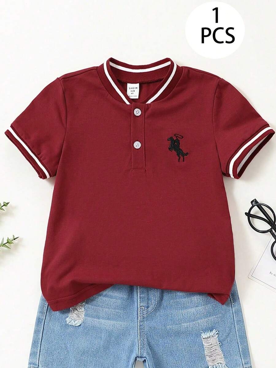 SHEIN 休闲运动学院风半拉链立领刺绣马标短袖polo衫，百搭舒适，适合外出、上学、度假、聚会、居家穿着，春夏季节、短途旅行、休闲放松、日光浴等场合皆宜。 - 紅色 - 查看 1