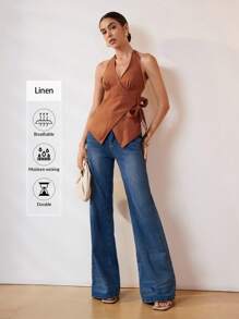 Uhlyne 女式休闲 V 领系带露背不对称亚麻衬衫 - 咖啡棕 - 查看 5