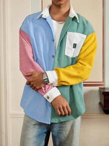 SWAVVY 1 pièce Veste chemise en velours côtelé style vintage avec col contrasté, style décontracté Y2K, idéal pour la rentrée scolaire, l'automne et Halloween