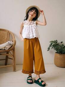 Girls Casual Fashion Round Neck Sleeveless 3D Floral Net Loose Tank Top & Elastic Waist Wide Leg Solid Color Pants Set