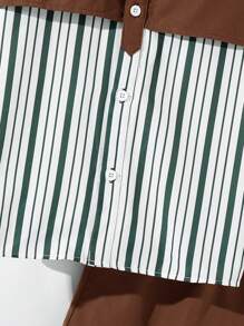 SHEIN 2 件青少年男孩休闲二合一 Polo 领短袖衬衫和松紧腰短裤套装，适合秋季、春季、夏季、户外玩耍、学校、街头、派对和休闲 - 棕色 - 查看 8