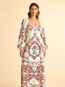 CAJUNI 女士度假休闲印花灯笼袖连衣裙 - 彩色 - 查看 7