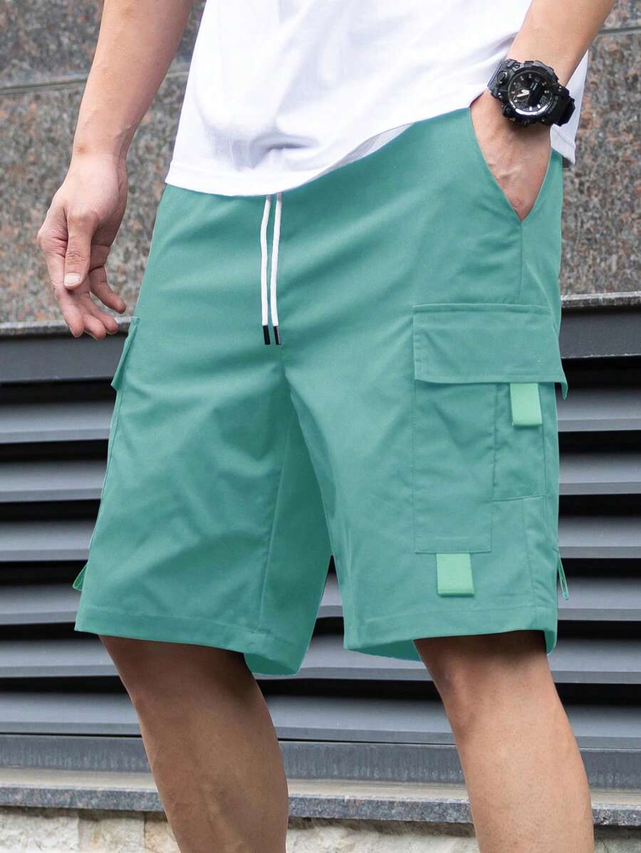 Manfinity Homme 男式纯色工装口袋抽绳腰部宽松短裤 - 水鴨藍 - 查看 1