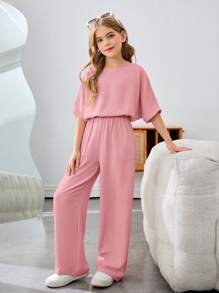 SHEIN Tween Girls Casual Vacation Solid Color Round Neck Short Sleeve Two-Piece Set - Pink - View 3