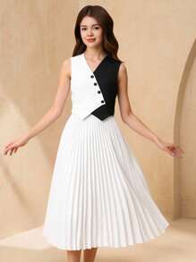 SHEIN 2pcs Teen Girls Contrast Color Single-Breasted Vest And Pleated Skirt Casual Outfit - Black and White - View 2