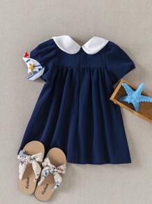 PrepCrw Baby Mädchen Kleid mit Kontrastfarbe Kragen, Puffärmeln und tailliertem Rockteil