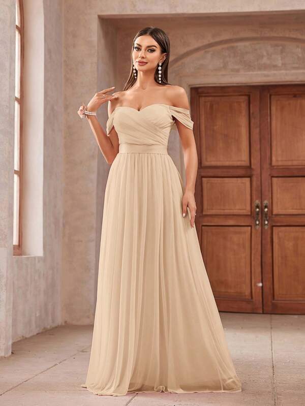 Aureia Romantic Elegant Shiny Mesh Off Shoulder Ruffle Strappy Decorated Waist Voluminous Flowy Mesh Bridesmaid Dress