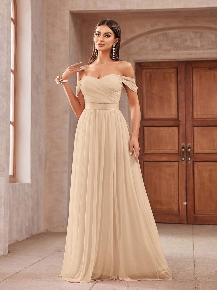 Aureia Romantic Elegant Shiny Mesh Off Shoulder Ruffle Strappy Decorated Waist Voluminous Flowy Mesh Bridesmaid Dress - Apricot - View 1