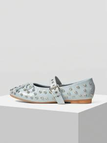 MOTF PREMIUM FASHIONABLE VINTAGE PUNK COMFORTABLE CASUAL STUDDED BOW DECOR MARY JANE ROUND TOE FLAT SHOES - Baby Blue - View 3