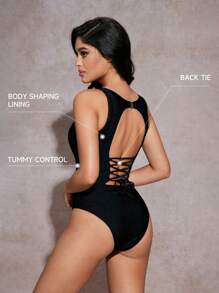 SHEIN Swim Women's One-Piece Hollow Out Backless Solid Color Sexy Slim Fit Sleeveless Swimsuit For Summer Beach Vacation - Black - View 2