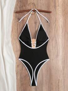 Swim Vcay Traje de baño de una pieza con corte alto, efecto contraste blanco y negro, con escote halter, glamoroso para el verano