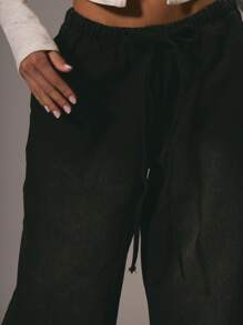 Musera系带阔腿牛仔裤，性感Y2K风格，适合度假、派对、夏季音乐会、日常休闲、秋季、冬季、感恩节等场合。 - 黑色 - 查看 5