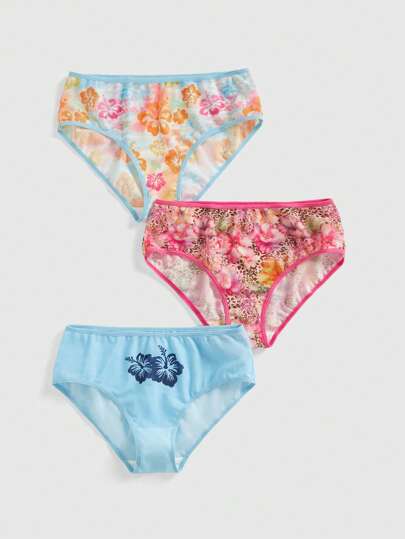 ROMWE Avant 3 Pack Women's Tropical Floral, Coconut Tree & Leopard Print Mesh Triangle Panties