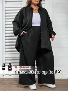 SHEIN CURVE+ 大尺碼女款休閒純色落肩寬鬆百褶襯衫與寬腿長褲兩件套，適合秋季約會之夜、早午餐、夏威夷風，黑色 - 黑色 - 查看 1