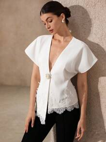GENKIRA Áo cánh nữ thanh lịch cổ chữ V, viền bất đối xứng, tay áo Raglan, ren nối, kiểu dáng tối giản, trang phục công sở hoặc cưới, sang trọng và đa năng - trắng - Xem 3