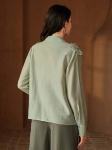 Anewsta Women Collared Long Sleeve Blouse With 3D Pearl Embroidery, Transparent & Sexy Fashionable Modest Spring - Green - View 2
