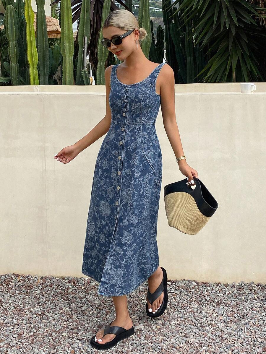 Livesso 女士夏季提花U领弹力腰无袖牛仔连衣裙度假装 - 藍色 - 查看 1