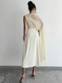 Firerie Women's Summer New Simple Elegant Party Dress With Scarf Detachable Straps, Asymmetrical Sleeves, Net Mesh Splicing Solid Color Mid-Length Dress - Apricot - View 5