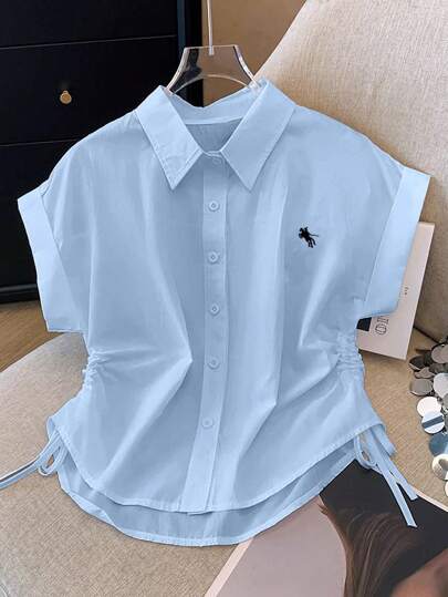 Airaco Blusa de manga corta con cintura ajustada de unicolor y estilo minimalista para mujeres