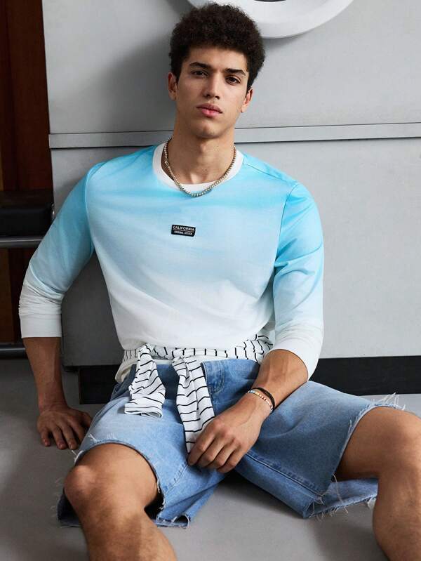 SWAVVY Men's Gradient Patched Detailed Knitted Casual Sweatshirt Going Out Crew Neck Long Sleeve Sweatshirt, For Friends, Husband, Boyfriend Gifts Men Sweat ShirtsMen's Sweat Shirtsmen Sweatshirtsmen Sweat Shirt, For Fall Winter