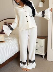 SHEIN 编织女士撞色蕾丝喇叭袖上衣和裤子睡衣套装，舒适优雅细节，秋冬服装 - 杏色 - 查看 4