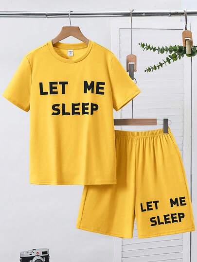 SHEIN Tween Boy 2pcs Simple Letter Print Round Neck Short Sleeve T-Shirt & Shorts Set, Loose & Comfortable Pajama/Loungewear