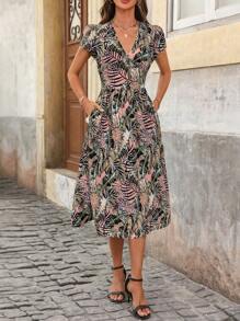SHEIN Clasi 女式 V 领短袖 A 字形喇叭下摆热带植物印花优雅休闲度假中长连衣裙