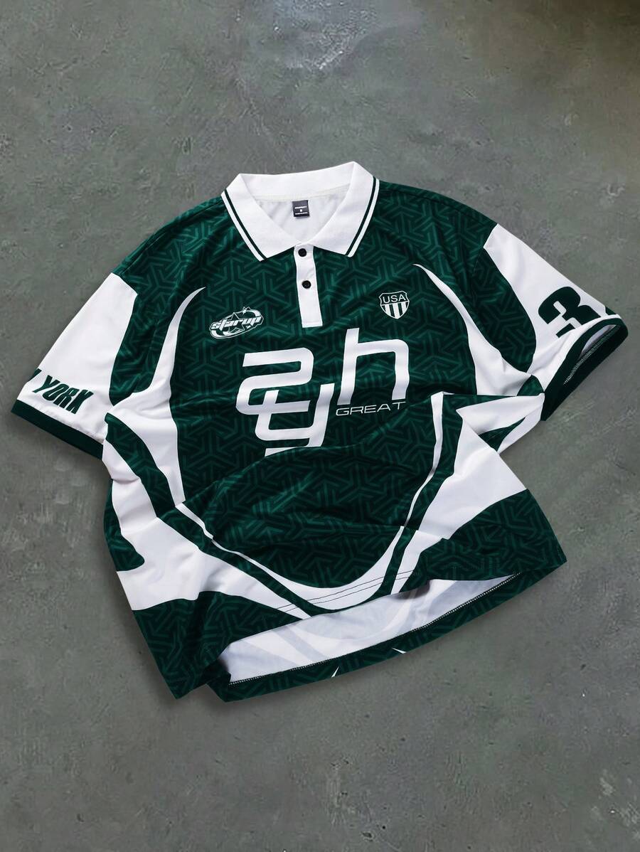 PAVTROS 男式拼色字母印花短袖 Polo 衫，夏季 - 綠色 - 查看 1