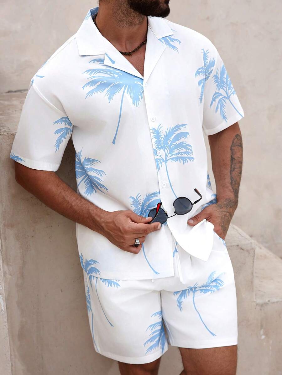 Manfinity RSRT 男士度假休闲棕榈树印花衬衫和短裤套装