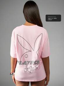 Missguided x Playboy Racing Checkerboard Oversized T-Shirt Streetwear Casual Summer Festival Graphic Print Skater Urban Y2K Fashion Comfort