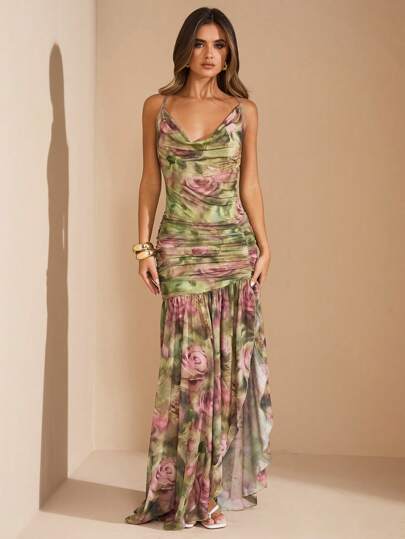 SHEIN BAE Women's Fitted Mesh Dress With Deep Draped Neck, High Slit & Floral Print, Sexy & Elegant Beach Resort Dress, Spring/Summer,Bohemian Clothes