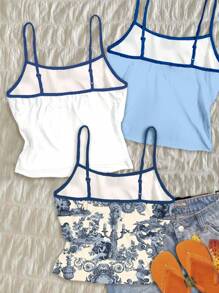 Attitoon 3pcs/Set Women's Vintage Inspired Vest Top With French Blue Angel Statue, Blue Floral Watercolor, And Blue Shell Print, Suitable For Summer Vintage, Casual, Sexy, Cute, Y2K, Coconutgirl, Boho, Vacation, Spring Break, Brunch-Ready, Baby Blue, Girls Trip, Neon Beach Vibes, Bohemian, Hippie, Music Festival