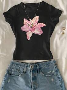 SHEIN 少女花卉印花圆领短袖短款T恤，度假风格 - 黑色 - 查看 1