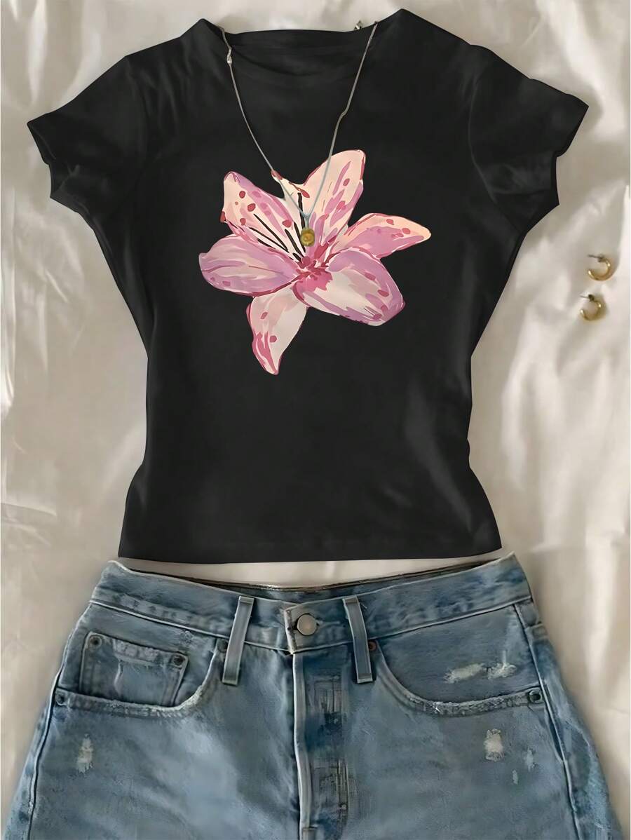 SHEIN 少女花卉印花圆领短袖短款T恤，度假风格 - 黑色 - 查看 1