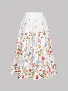 SHEIN MOD Falda midi de línea A con estampado floral de talla grande, ropa de resort de moda