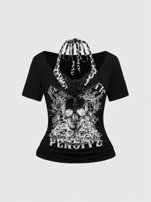 ROMWE Grunge Punk Concerto/Festival: T-shirt aderente da donna con pendente a croce, stampa punk a teschio e stampa leopardata 2 in 1