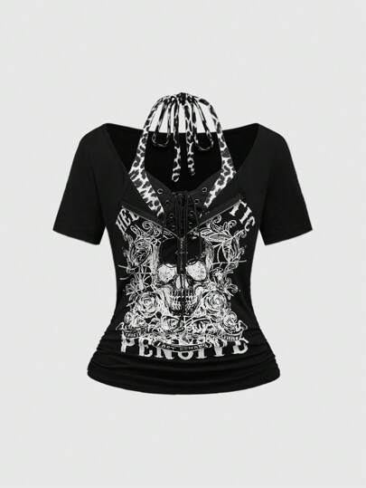 Grunge Punk Concierto/Festival: Camiseta ajustado de 2 en 1 con estampado de calavera y leopardo, con colgante de cruz para mujer