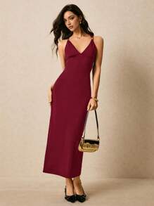 Poéselle Women's Sexy Backless Dress With Halter Neck, Summer,Club Sexy Outfits, Going Out - Burgundy - View 6