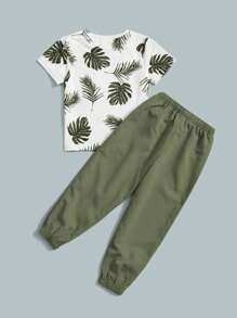 SHEIN 2pcs/Set Young Boy Vacation Casual Floral Print T-Shirt & Solid Color Pants Set