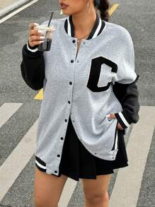 Muchica Plus Letter Patched Striped Trim Drop Shoulder Varsity Jacket Winter Fall Autumn - Light Grey - View 6