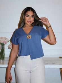 Xyvia Damen Geldstil Herbst asymmetrisches Hemd mit Metallknöpfen