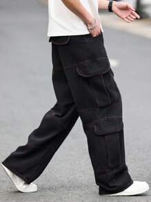 Manfinity Hypemode Baggy Black  Jeans: Wide Leg Denim Pants With Flap Pockets And Contrast Stitching - Black - View 2