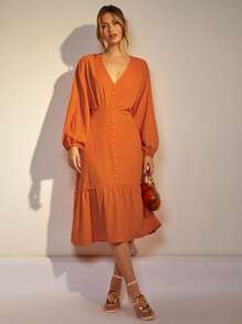 COSMINA Robe midi élégante monocolor à manches chauve-souris pour navetteurs pour femmes - Orange - Voir 3