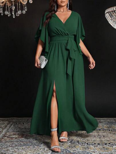 Auvina Plus Size Women V-Neck Ruffle Waist Tie Slit Elegant Long Bodycon Maxi Party Dress, Short Sleeve