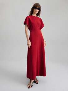 Ontre 2026春夏商务休闲日常通勤优雅海滩度假风连衣裙，适合婚礼宾客、乡村音乐会、早午餐、机场、办公室、音乐节、情人节、感恩节、圣诞节、秋季等场合。收腰都市简约优雅蝙蝠袖连衣裙，百搭时尚。 - 酒紅色 - 查看 5