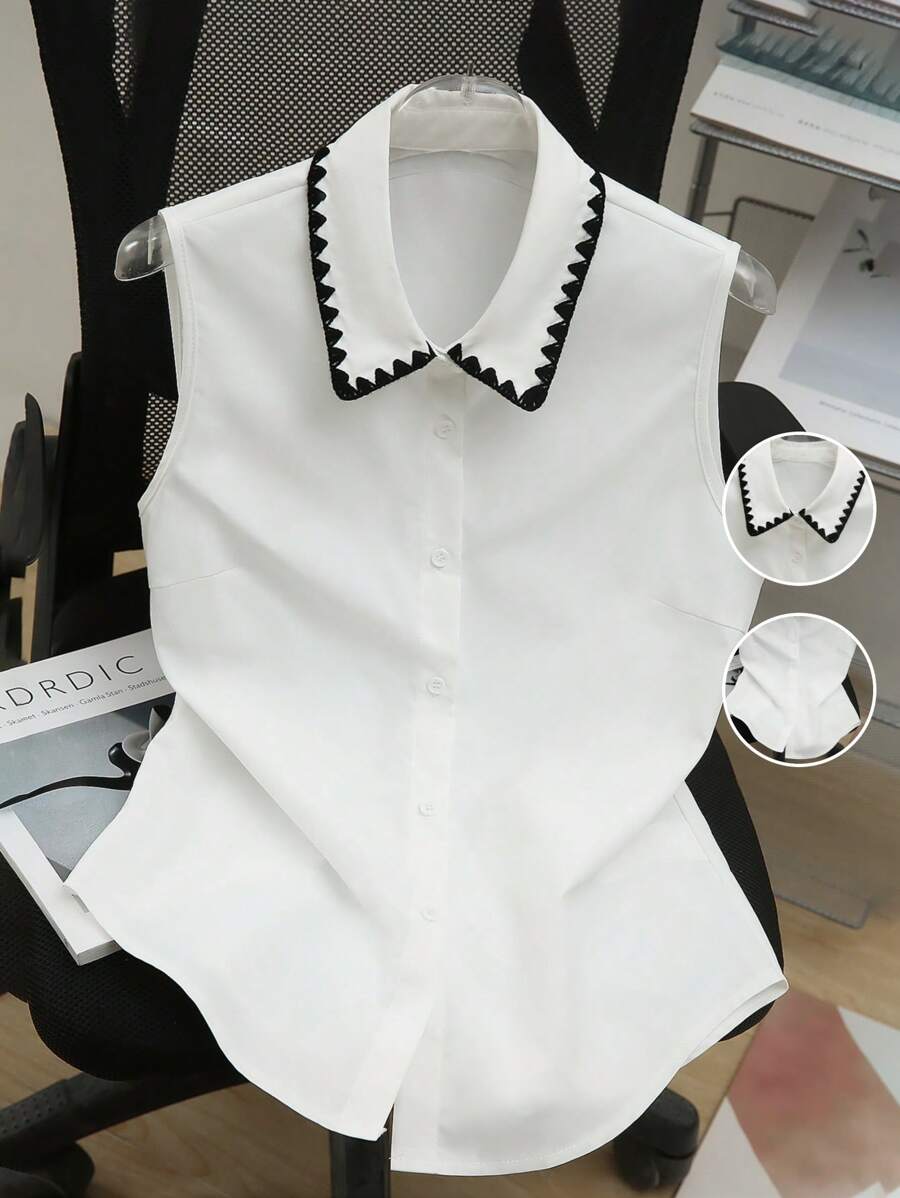 SHEIN LUNE 无袖翻领女式花卉刺绣衬衫，简约休闲通勤，适合春夏季上衣 - 白色 - 查看 1